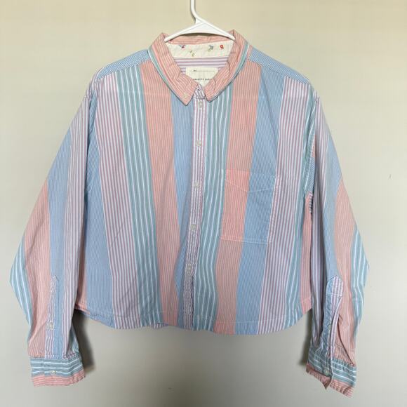 American Eagle Womens Button Up Top Large Colorful Patchwork Stripes Boxy Pastel - Picture 2 of 7